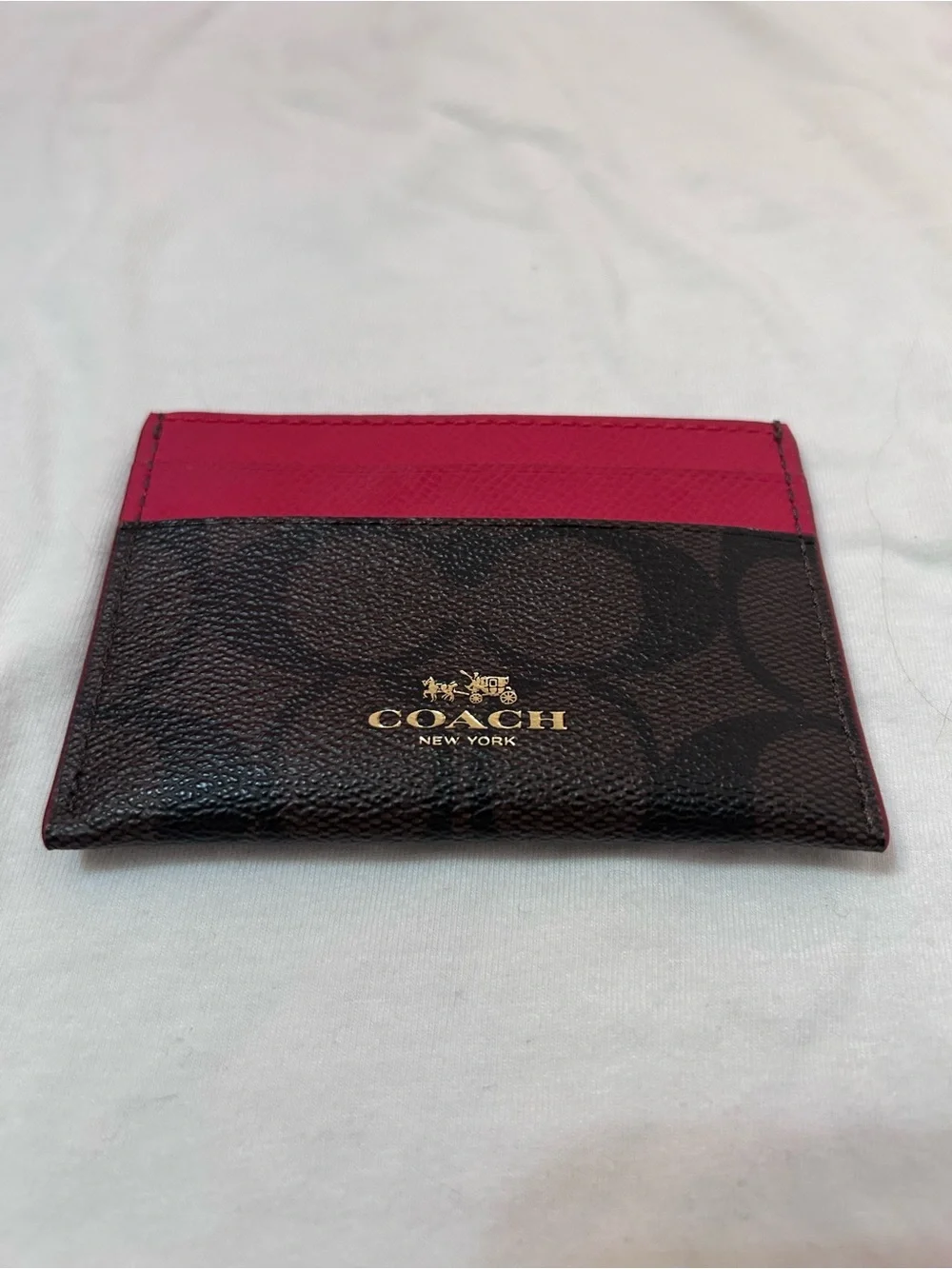 Coach Brown Signature Canvas Card Holder with Pink Trim